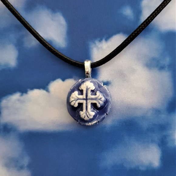 Handmade Ceramic Blue Fleur De Lis Cross Pendant Necklace - Picture 13 of 14